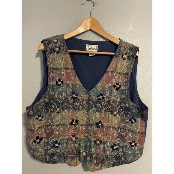 Tantrums Jackets & Blazers - Vintage Tantrums Vest Womens 2X Multicolor Floral Embroidered Patchwork Boho 90s